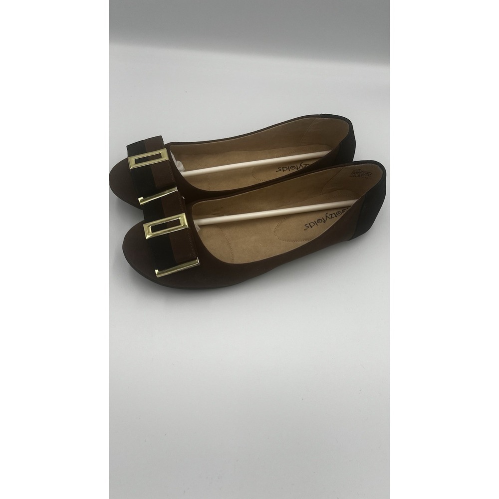 Footzyfolds Demi Style Foldable Women's Flats Brown & Black w/ Gold Buckle Sz 10